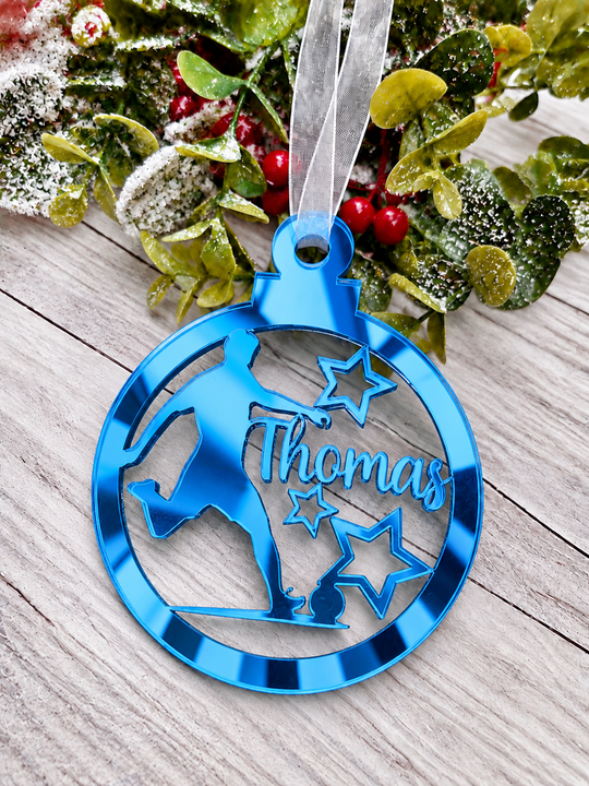 Personalised footballer Christmas decoration in blue mirrored acrylic