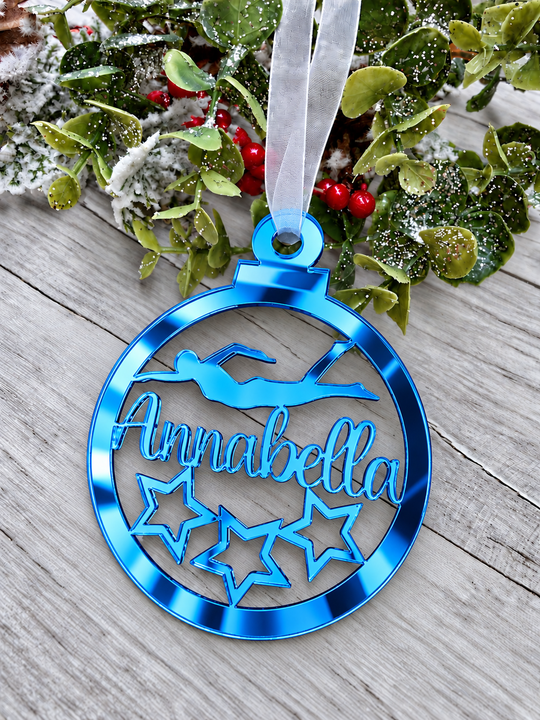 Personalised swimmer Christmas decoration in blue mirrored acrylic