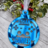 Load image into Gallery viewer, Personalised gamer Christmas decoration in blue mirrored acrylic