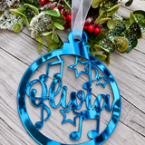 Load image into Gallery viewer, Personalised music notes Christmas decoration in blue mirrored acrylic