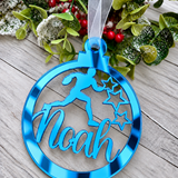 Load image into Gallery viewer, Personalised rugby Christmas decoration in blue mirrored acrylic