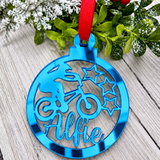 Load image into Gallery viewer, Personalised BMX Christmas decoration in blue mirrored acrylic