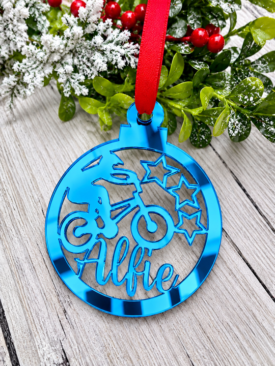 Personalised BMX Christmas decoration in blue mirrored acrylic