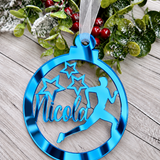 Load image into Gallery viewer, Personalised runner Christmas decoration in blue mirrored acrylic