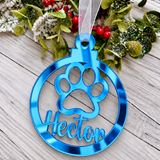 Load image into Gallery viewer, Personalised paw print Christmas decoration in blue mirrored acrylic