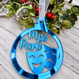 Load image into Gallery viewer, Personalised drama Christmas decoration in blue mirrored acrylic