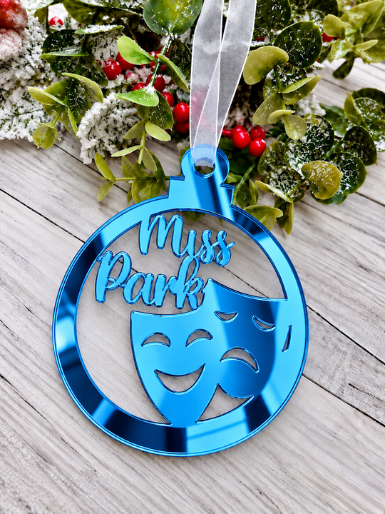 Personalised drama Christmas decoration in blue mirrored acrylic
