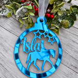 Load image into Gallery viewer, Personalised horse rider Christmas decoration in blue mirrored acrylic