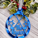 Load image into Gallery viewer, Personalised golf Christmas decoration in blue mirrored acrylic