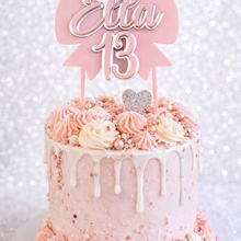 Load image into Gallery viewer, Pink birthday cake with decorative topper on a white background