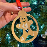 Load image into Gallery viewer, Close-up of personalised gingerbread Christmas ornament showing engraved name and 2026