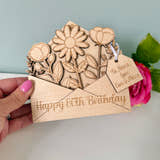 Load image into Gallery viewer, Wooden birthday card with floral design and 'Happy 80th Birthday' text, held by a hand.
