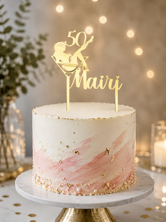 Personalised mirrored acrylic cocktail birthday cake topper featuring a woman in a cocktail glass with custom name and age.