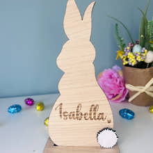 Load image into Gallery viewer, Personalised wooden Easter bunny decoration, engraved with custom name. Perfect for Easter gifts, baskets, and festive home decor