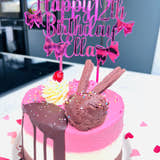Load image into Gallery viewer, Pink mirrored acrylic personalised cake topper reading “Happy 12th Birthday Ella” displayed on a ice cream drip otake with flakes