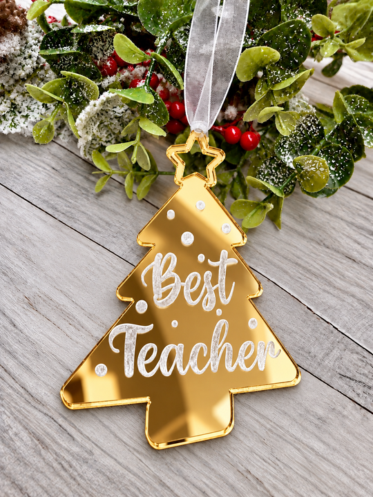 Personalised Best Teacher tree Christmas decoration in gold mirrored acrylic