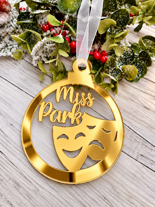 Personalised drama Christmas decoration in gold mirrored acrylic