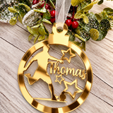 Load image into Gallery viewer, Personalised footballer Christmas decoration in gold mirrored acrylic