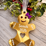 Load image into Gallery viewer, Personalised gingerbread lady Christmas decoration in gold mirrored acrylic