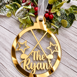 Load image into Gallery viewer, Personalised golf Christmas decoration in gold mirrored acrylic