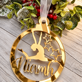 Load image into Gallery viewer, Personalised gymnast Christmas decoration in gold mirrored acrylic