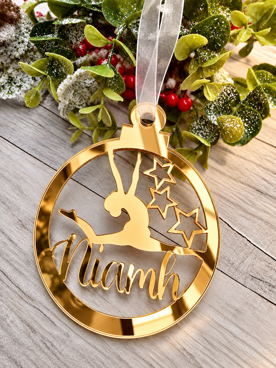 Personalised gymnast Christmas decoration in gold mirrored acrylic