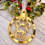Load image into Gallery viewer, Personalised paw print Christmas decoration in gold mirrored acrylic