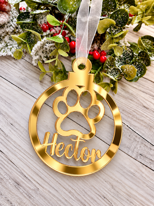 Personalised paw print Christmas decoration in gold mirrored acrylic