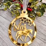 Load image into Gallery viewer, Personalised horse rider Christmas decoration in gold mirrored acrylic