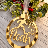 Load image into Gallery viewer, Personalised rugby Christmas decoration in gold mirrored acrylic