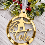 Load image into Gallery viewer, Personalised snowboarder Christmas decoration in gold mirrored acrylic