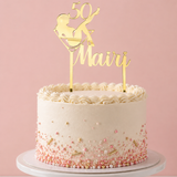 Load image into Gallery viewer, Close-up of personalised mirrored gold cocktail cake topper with glamorous woman design, birthday age and custom name.