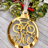 Load image into Gallery viewer, Personalised cyclist Christmas decoration in gold mirrored acrylic