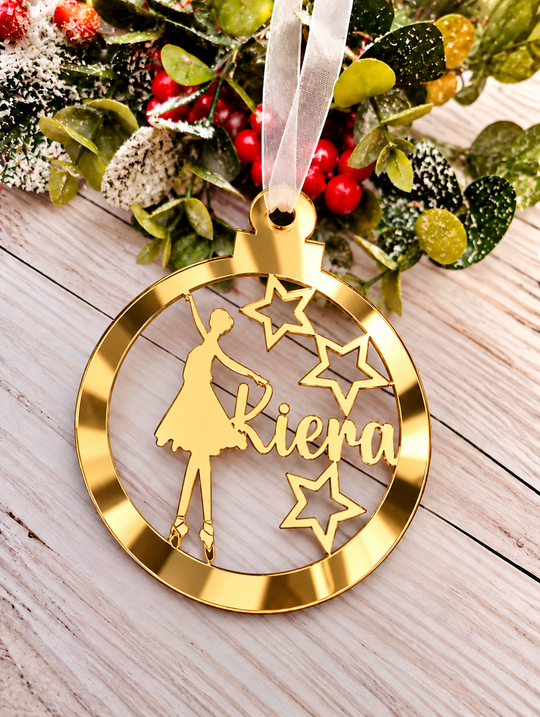Personalised ballerina Christmas decoration in gold mirrored acrylic