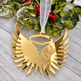 Load image into Gallery viewer, Angel wings in memory Christmas decoration in gold mirrored acrylic engraved with a name