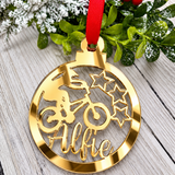 Load image into Gallery viewer, Personalised BMX Christmas decoration in gold mirrored acrylic