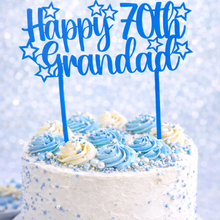 Load image into Gallery viewer, Birthday cake with blue and white frosting and 'Happy 70th Grandad' topper on a light blue background