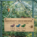Load image into Gallery viewer, Custom Grandad’s Greenhouse wooden sign with watering can and plant design, perfect gift for gardeners and grandads.