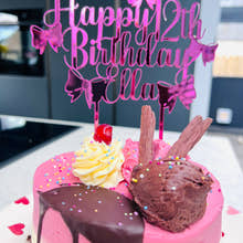Load image into Gallery viewer, Pink mirrored acrylic personalised cake topper reading “Happy 12th Birthday Ella” displayed on a ice cream drip otake with flakes