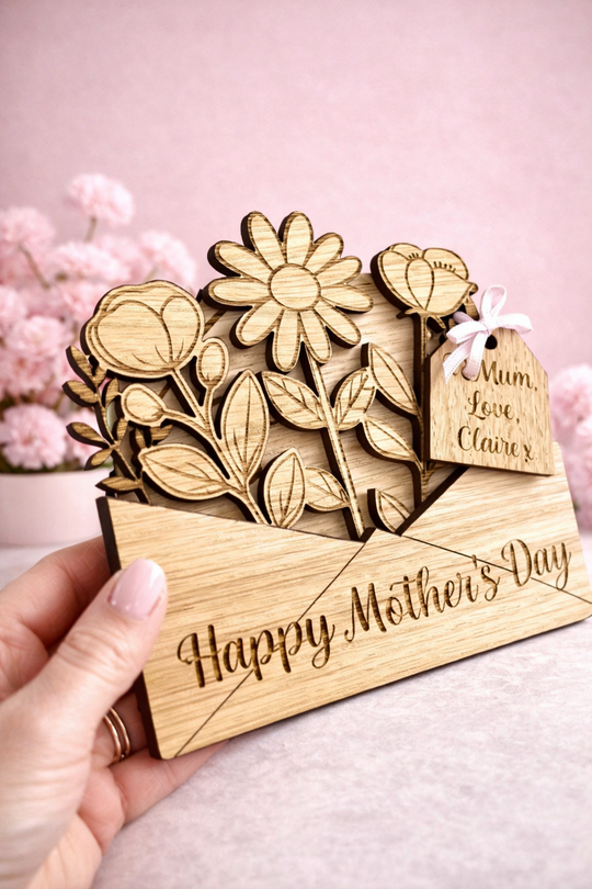 Wooden card with floral design and 'Happy Mother's Day' text, held by a hand against a pink background.