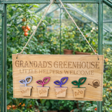 Load image into Gallery viewer, grandads-greenhouse-little-helpers-welcome-wooden-sign-cactus-greenhouse-personalised-theo.jpg