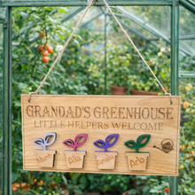 Load image into Gallery viewer, grandads-greenhouse-little-helpers-welcome-wooden-sign-cactus-greenhouse-personalised-theo.jpg