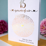 Load image into Gallery viewer, Personalised 30th wedding anniversary card with gold foil heart song lyrics, custom names and date, pearl anniversary gift for couple