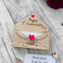 Load image into Gallery viewer, Personalised Wooden 5th Anniversary Gift - Engraved Love Letter Keepsake - Romantic Custom Envelope Design with Heart Detail