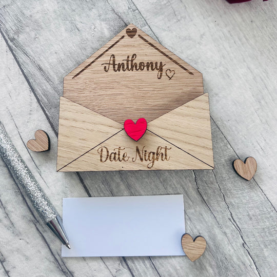 Personalised Wooden Date Night Gift - Engraved Love Letter Keepsake with Custom Name - Romantic Couples Gift with Surprise Date Ideas
