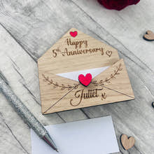 Load image into Gallery viewer, Personalised Wooden 5th Anniversary Gift - Engraved Love Letter Keepsake - Romantic Custom Envelope Design with Heart Detail
