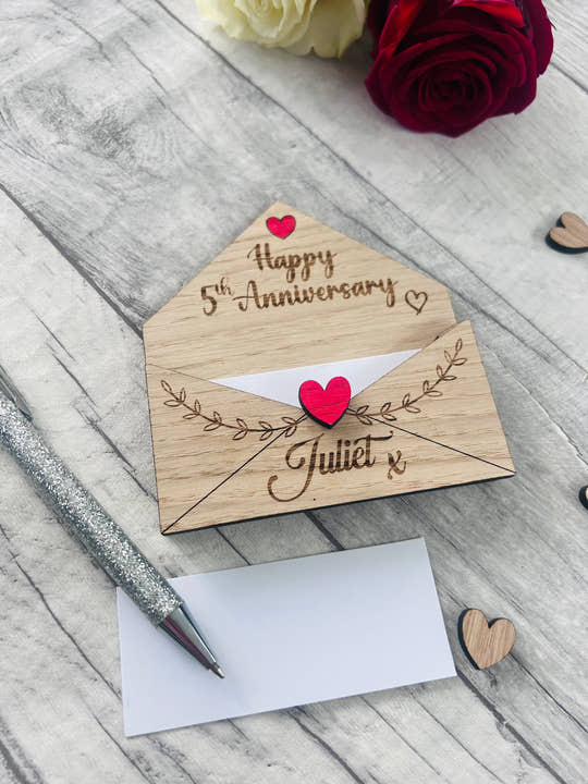 Personalised Wooden 5th Anniversary Gift - Engraved Love Letter Keepsake - Romantic Custom Envelope Design with Heart Detail