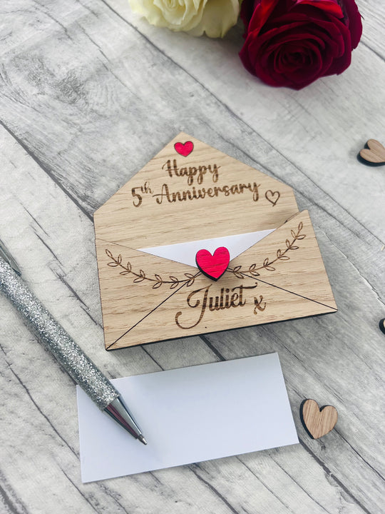 Personalised Wooden 5th Anniversary Gift - Engraved Love Letter Keepsake - Romantic Custom Envelope Design with Heart Detail
