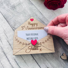 Load image into Gallery viewer, Personalised Wooden 5th Anniversary Gift - Engraved Love Letter Keepsake - Romantic Custom Envelope Design with Heart Detail