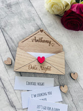 Load image into Gallery viewer, Personalised Wooden Date Night Gift - Engraved Love Letter Keepsake with Custom Name - Romantic Couples Gift with Surprise Date Ideas